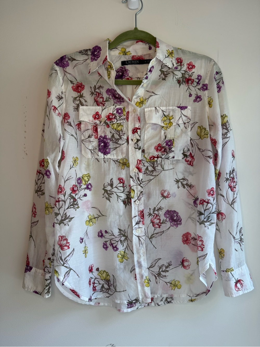 Ralph Lauren White Floral Button-Front Blouse with Multicolor Flowers